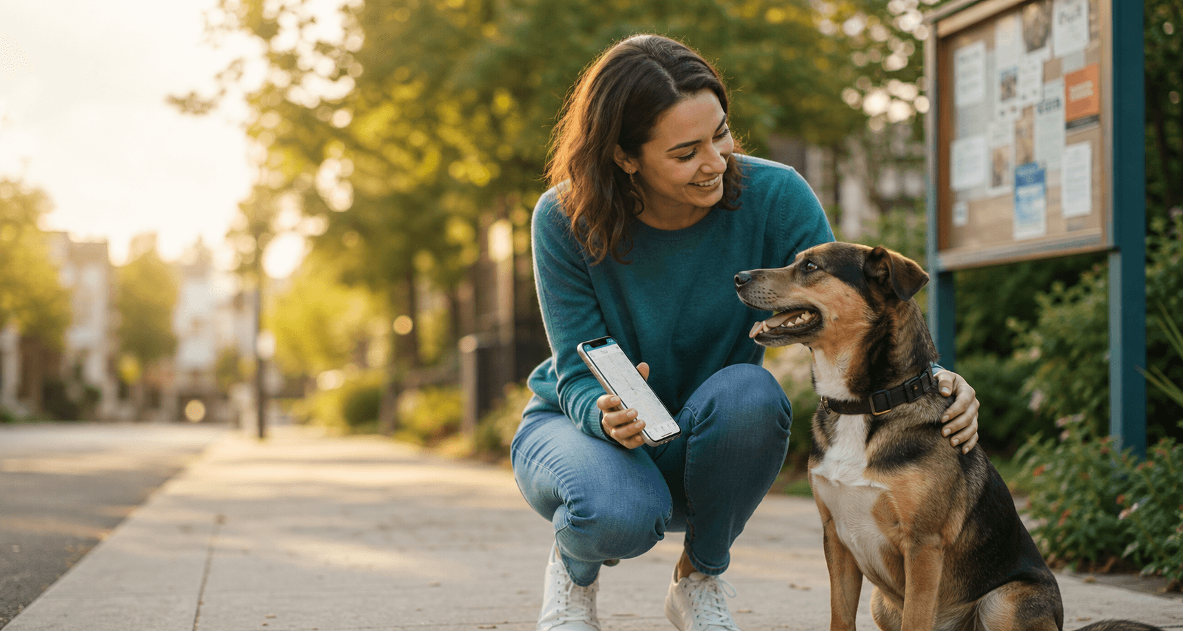 Persona ayudando a un perro con una app de mapa